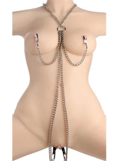 Chained Collar with Nipple and Clit Clamps - Silver