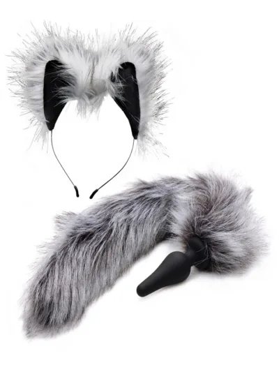 Grey Wolf Tail Butt Plug & Wolf Ears Anal Play Set