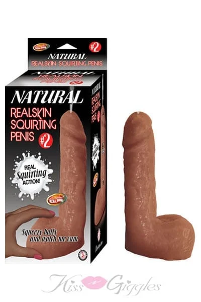 Natural Realskin Squirting Penis Dong With Balls - Brown