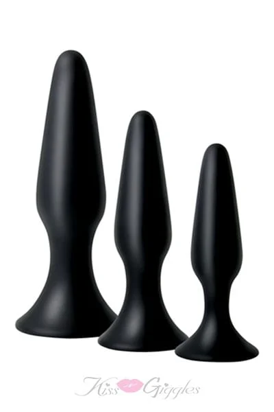 3 suction mounted silicone booty butt plugs kit - black