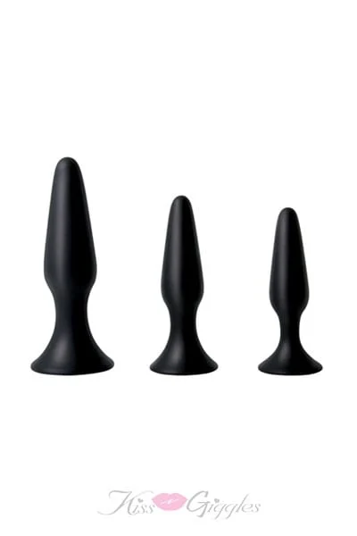 3 suction mounted silicone booty butt plugs kit - black