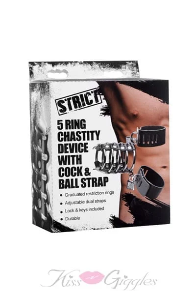 5 Ring Chastity Device with Cock & Ball Strap