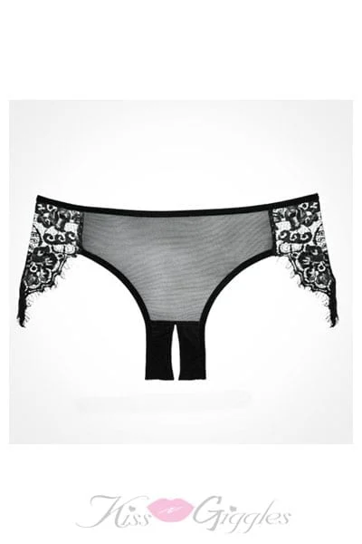 Black Crotchless Sheer Panty with Eyelash Lace Hips - One Size