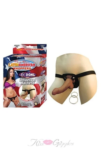 All American Whoppers 6.5-inch Dong with Universal Harness - Latin