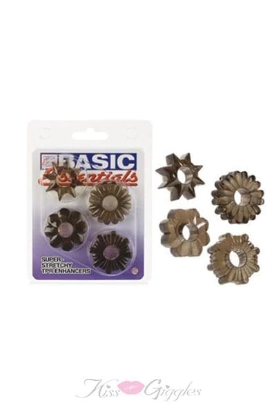 Basic Essentials Cock Ring 4 Pack - Smoke