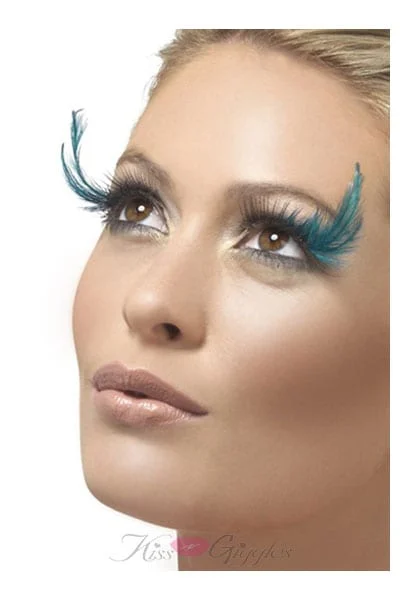 Black-teal Eyelashes with Teal Feather Plumes - Costumes