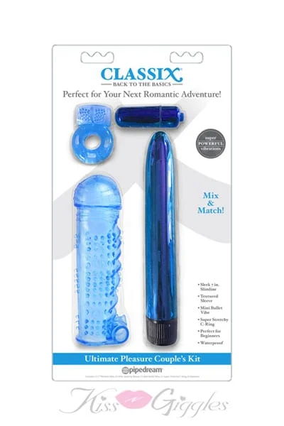 Ultimate Pleasure Kit with 7 Inch Vibrator & Penis Sleeve - Blue