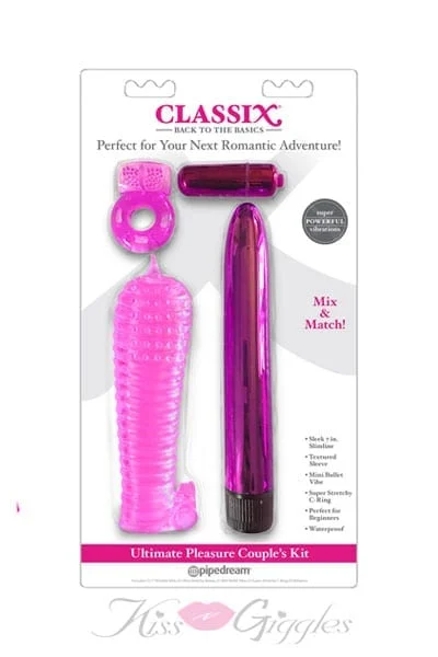 Ultimate Pleasure Kit with 7 Inch Vibrator & Penis Sleeve - Pink