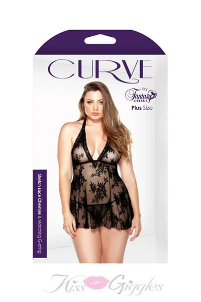 Curve stretch lace chemise & matching g-string - black- 1x/2x