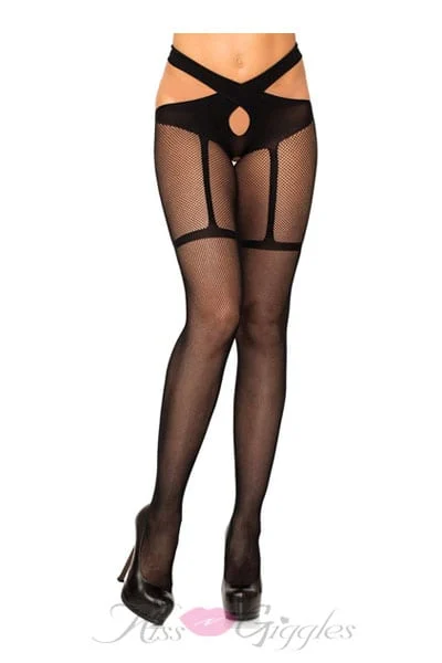 Fishnet crotchless tights - one size - black