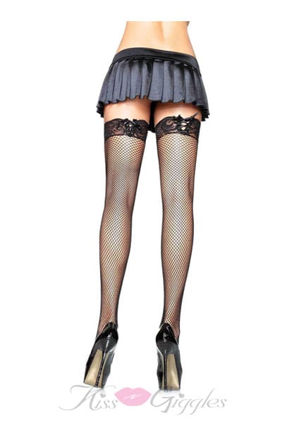 Fishnet Stockings With Corset Lace Top - One Size - Black