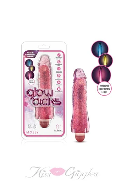 8 Inch Glow Dicks Glitter Vibrator with Color Shifting LEDs - Pink
