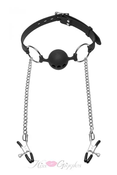 Hinder Silicone Breathable Ball Gag and Nipple Clamps