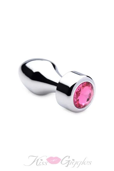 Chrome Butt Plug with Hot Pink Gem Weighted Anal Plug - Small
