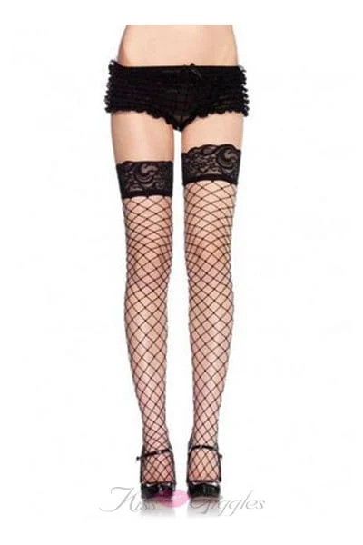 Lace Top Fence Net Thigh Highs - Black - One Size