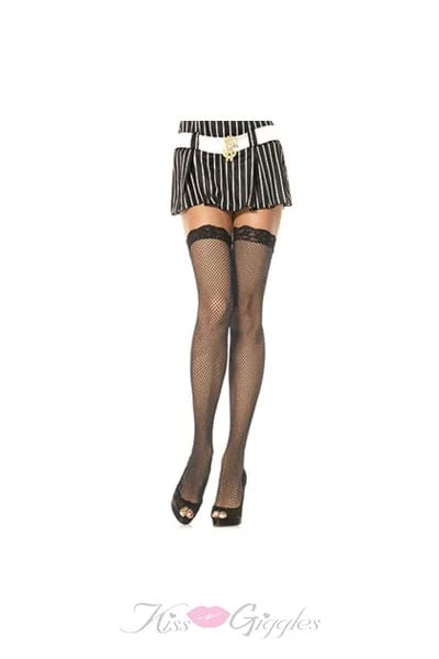 Lace Top Fishnet Stockings - Black - One Size