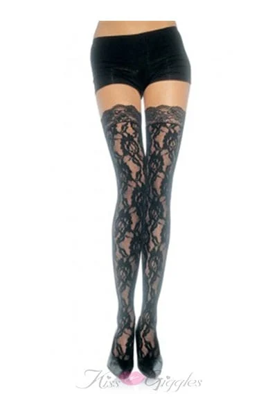 Lace Top Lace Thigh Highs - Black - One Size