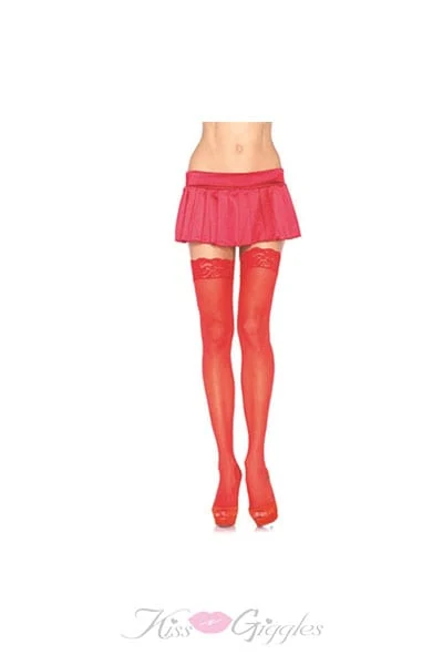 Lace Top Sheer Thigh High - One Size - Red