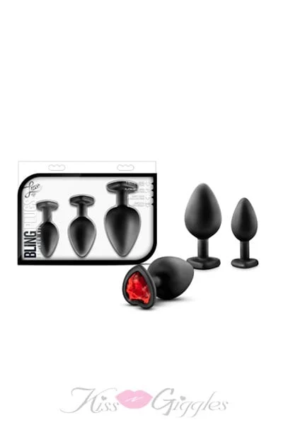 Bling Butt Plug Training Anal Kit with Red Gems - Black