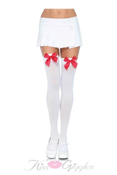 Nylon over the Knee Socks - White with Red Bow