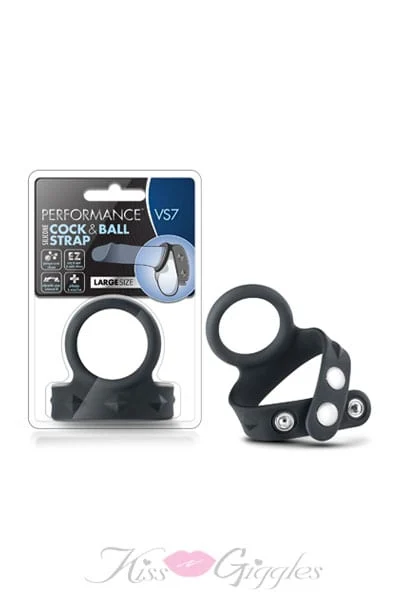 Large Cock & Ball Cockring with 3-Snap Adjustable Strap - Black