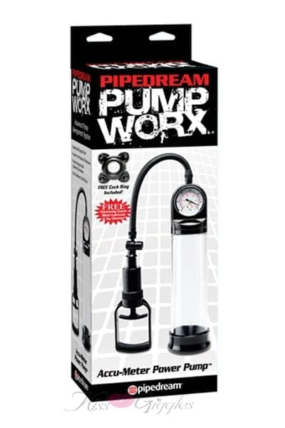 Pump Worx Accu-Meter Power Penis Pump with Free Cock Ring Included