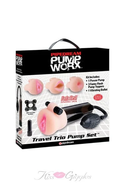Pump Worx Travel Penis Pump Set 3 Flesh Toppers & Vibrating Bullet