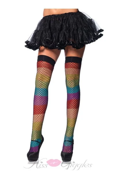 Rainbow thigh highs with fishnet overlay - one size