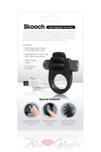 Rechargeable True Silicone Vibrating Skooch Cock Ring - Black