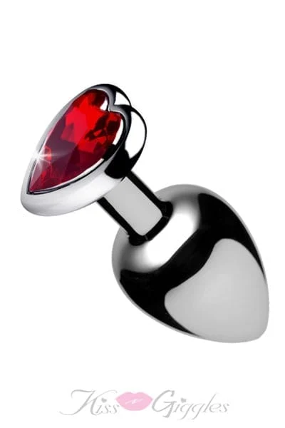 Chrome Medium Butt Plug with Red Heart Gem Base & Tapered Shape
