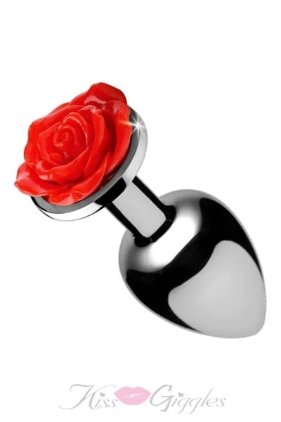 Chrome Medium Butt Plug with Red Rose Gem & Tapered Shape