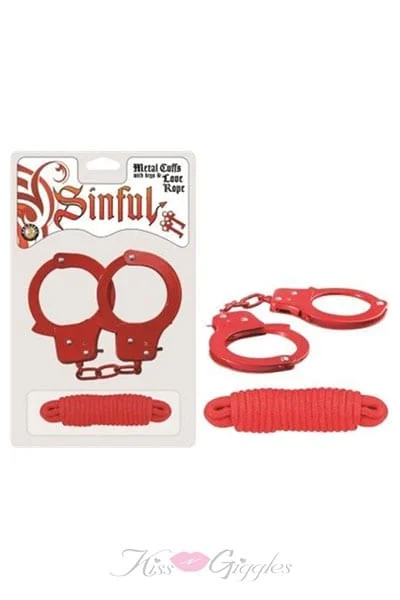 Sinful Metal Cuffs with Keys & Love Rope - Red