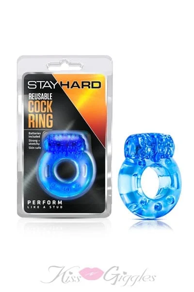 Stay Hard Reusable Vibrator Cock Ring with Clit Stimulators - Blue