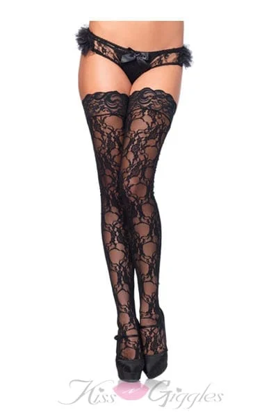 Stay Up Floral Lace Thigh Highs - One Size - Black