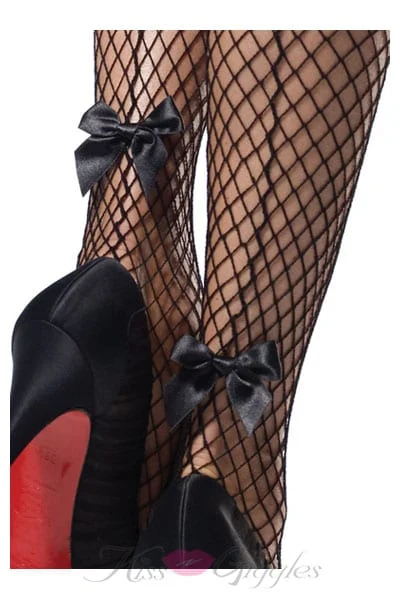 Stay Up Industrial Net Backseam Thigh Highs With Lace Top and Satin Bow Accent - One Size - Black