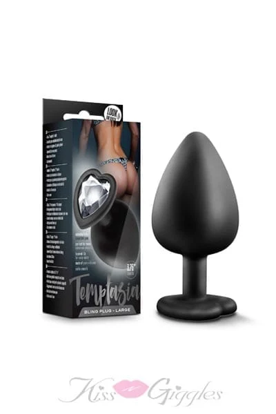 Large Butt Plug with Tapered Tip & Heart-Shaped Gemstone - Black