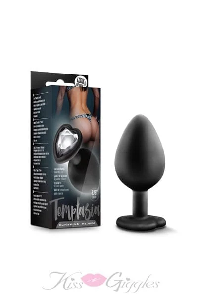 Medium Butt Plug with Tapered Tip & Heart-Shaped Gemstone - Black
