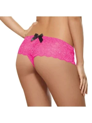 Hot Pink Crotchless Panties Lace Boy Short with a Black Bow