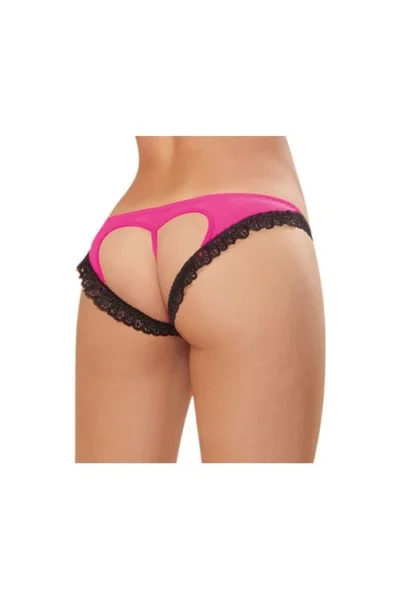 Mesh Bikini Panty with Open Back and Lace Ruffle Trim - Hot Pink