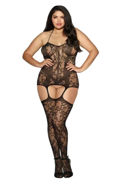 Plus size black lace and fishnet garter dress with attached garter