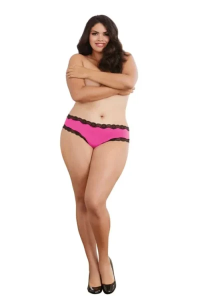 Plus Size Cheeky Panty with Lace Trim and Criss-Cross Back - Hot Pink