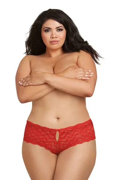 Plus Size Lace Panty with Open Crotch and Heart Cut-Out - Red