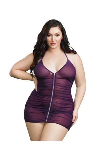 Plus Size Plum Sexy Stretch Sheer Zipper Chemise With G-String
