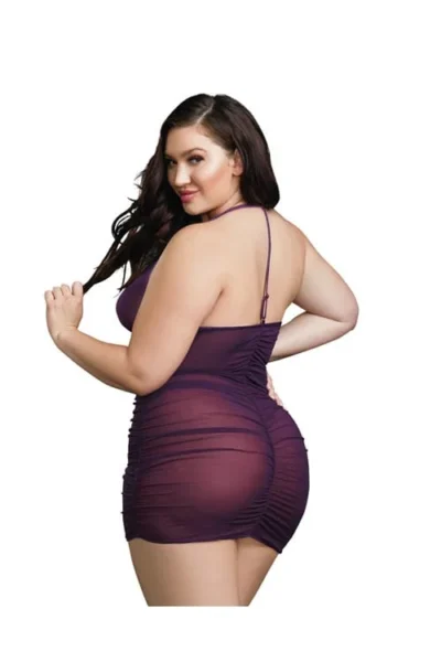 Plus Size Plum Sexy Stretch Sheer Zipper Chemise With G-String