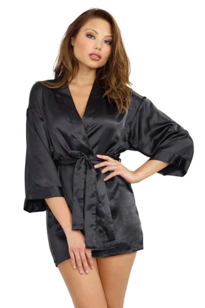 Sexy Short Length Kimono Robe with 3/4 Length Sleeve - Black
