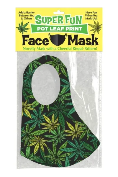 Novelty face mask with marijuana plant leaves print - green & black
