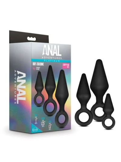 3 Pcs Silicone Butt Plug Kit with Loop Handle Anal Kit - Black