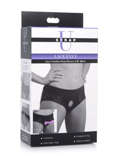 Crotchless Panty Harness Black Lace Envy Universal O-ring - S & M