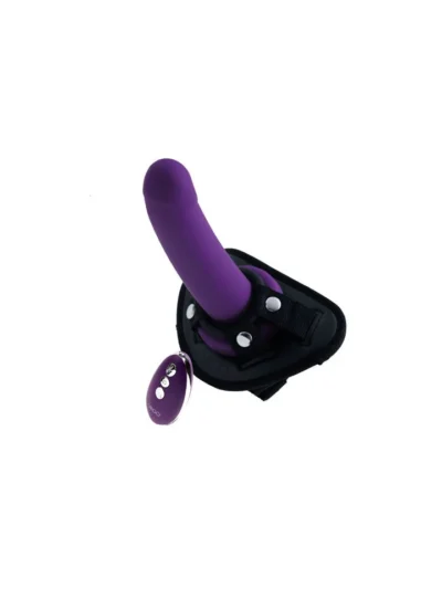 Vabrating Strap-On Dildo with Adjustable Leather Harness - Purple