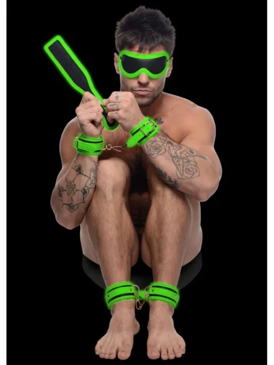 Glow in the Dark Cuffs Blindfold and Paddle Bondage Set